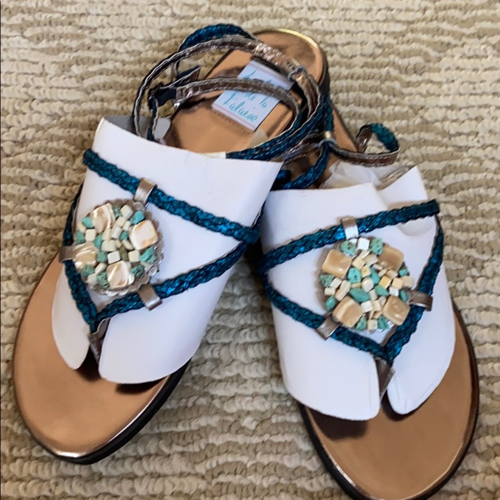 Bronze & turquoise sandals with shell detail NIP